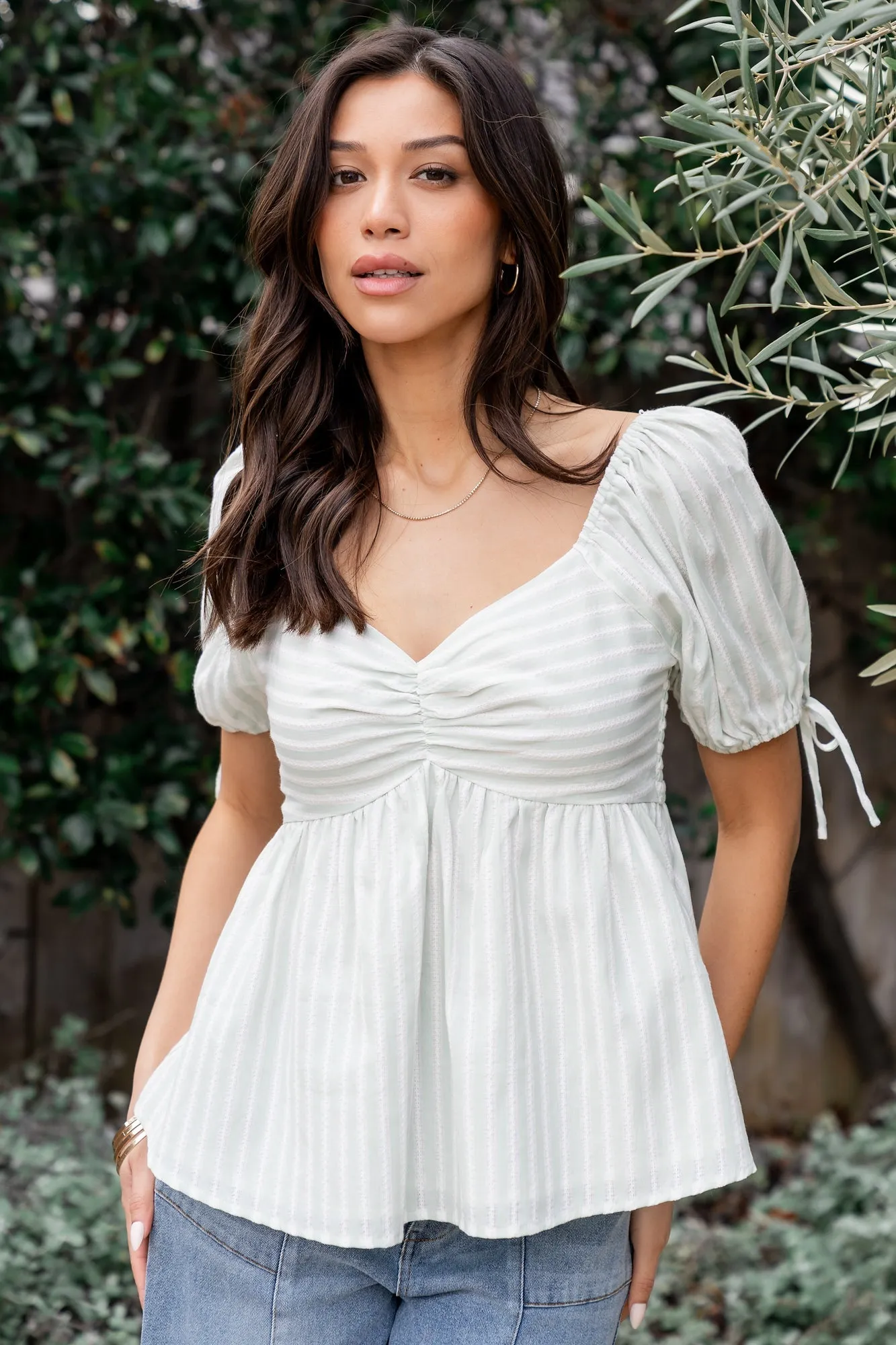 Betsy Peplum Top | Green+ White Stripe sold by Baltic Born