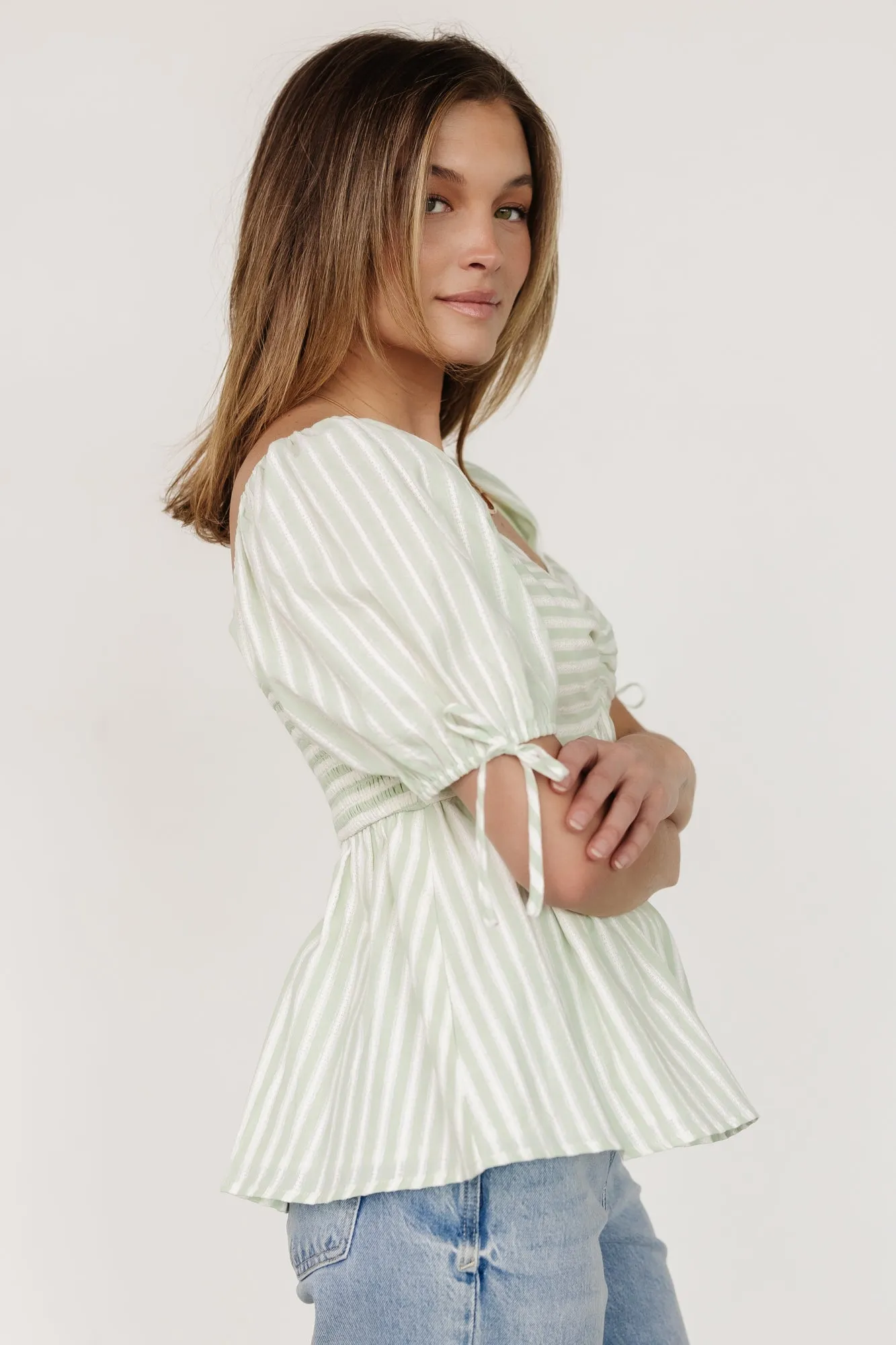 Betsy Peplum Top | Green+ White Stripe sold by Baltic Born product image thumbnail 4