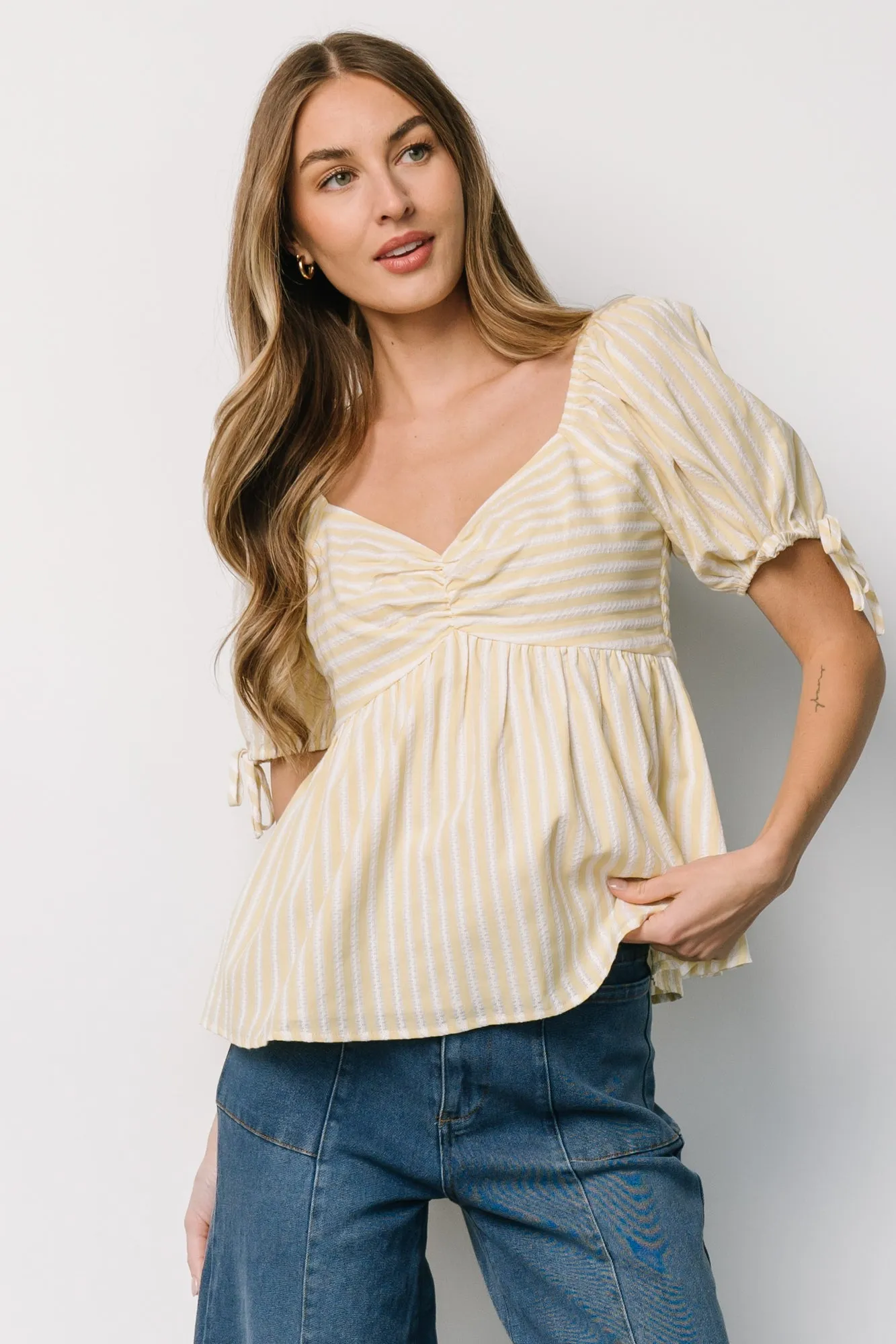 Betsy Peplum Top | Yellow + White Stripe sold by Baltic Born product image thumbnail 5