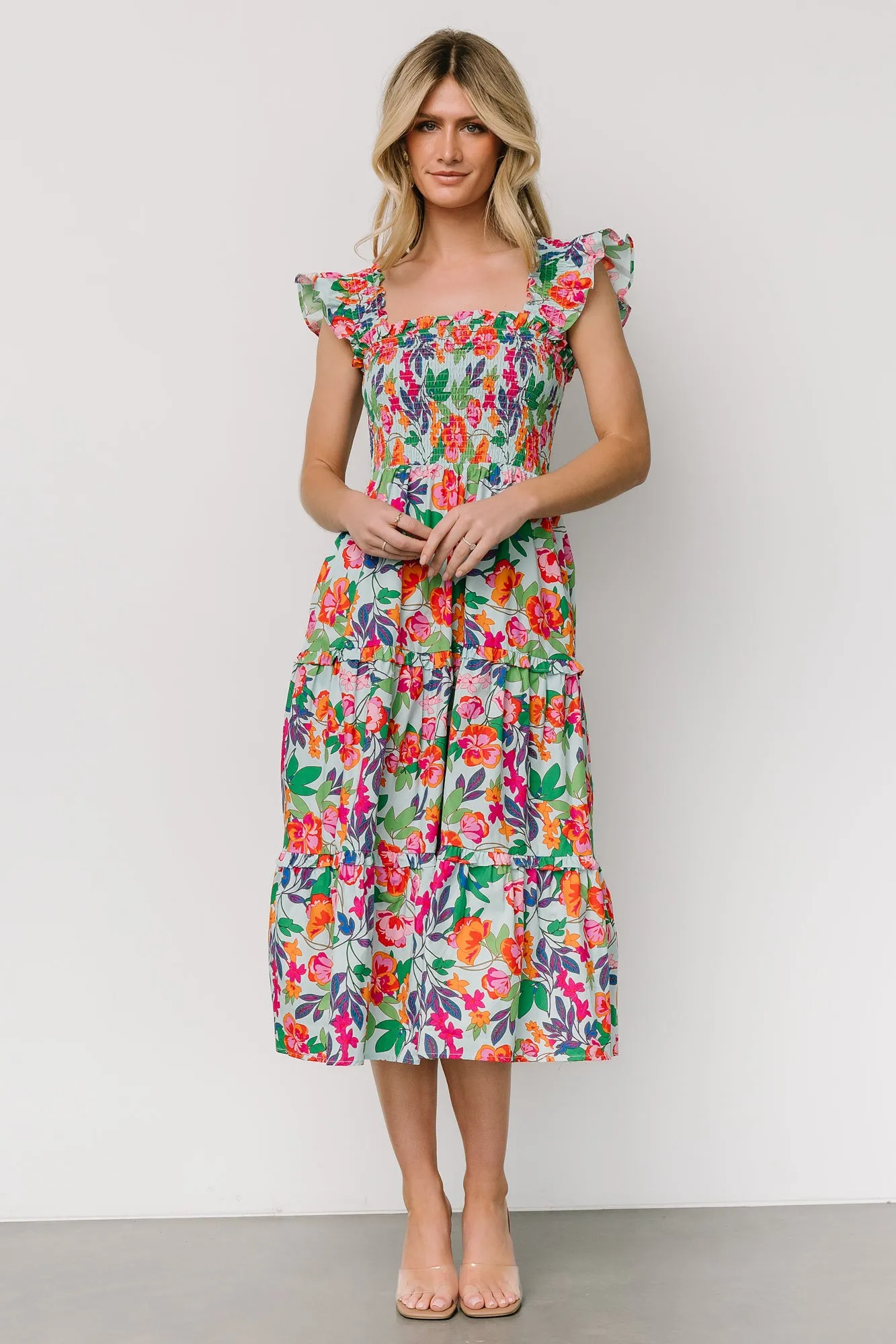 Harper Smocked Midi Dress | Blue Multi Floral sold by Baltic Born