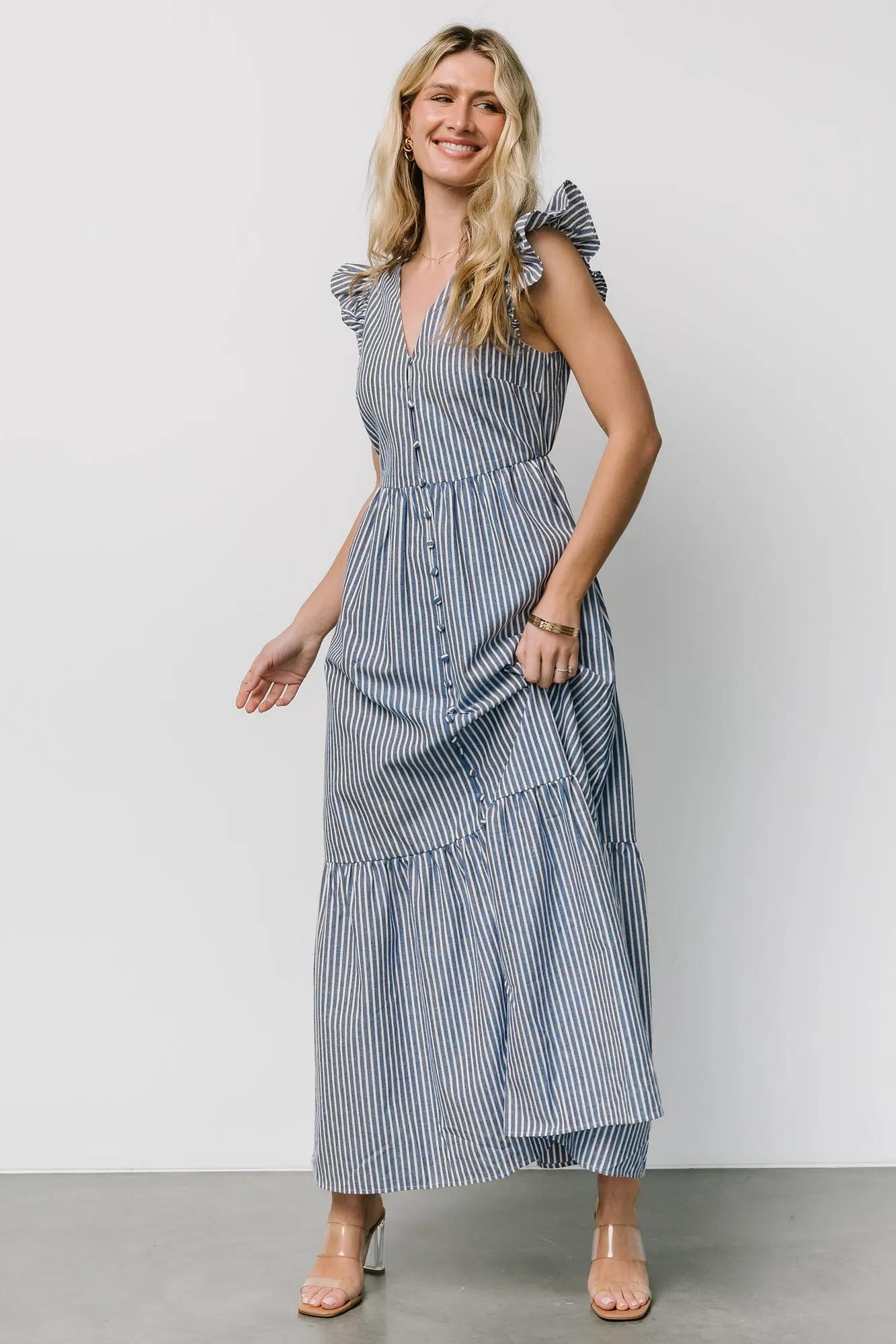Hettie Button Maxi Dress | Blue Stripe sold by Baltic Born