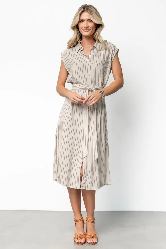 Toledo Button Up Midi Dress | Beige Stripe sold by Baltic Born
