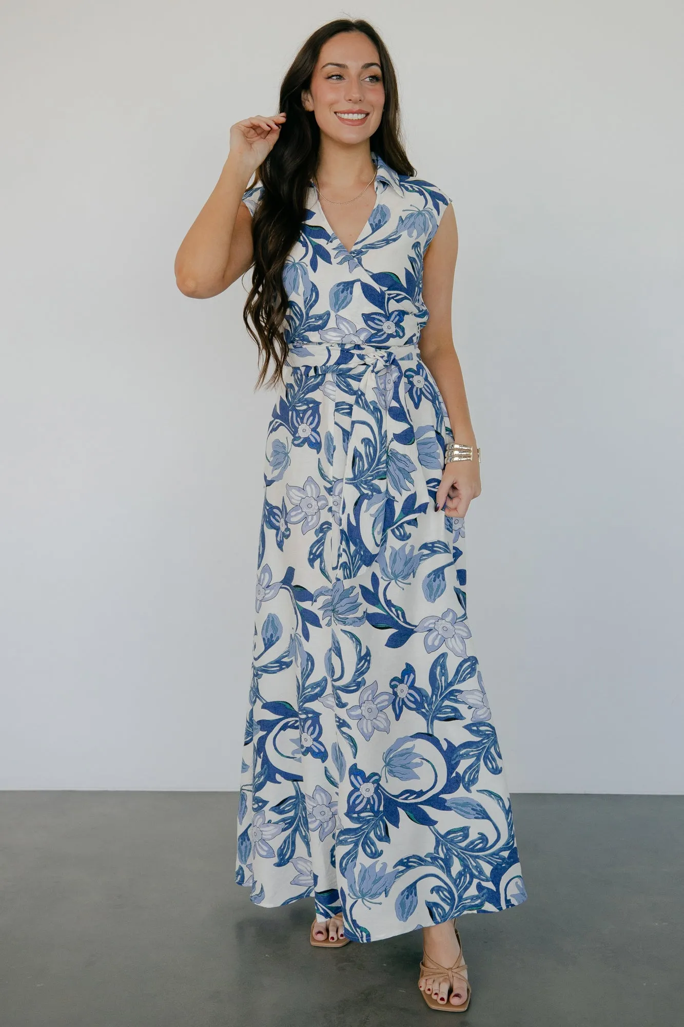 Almeria Maxi Dress | Ivory + Blue Floral sold by Baltic Born
