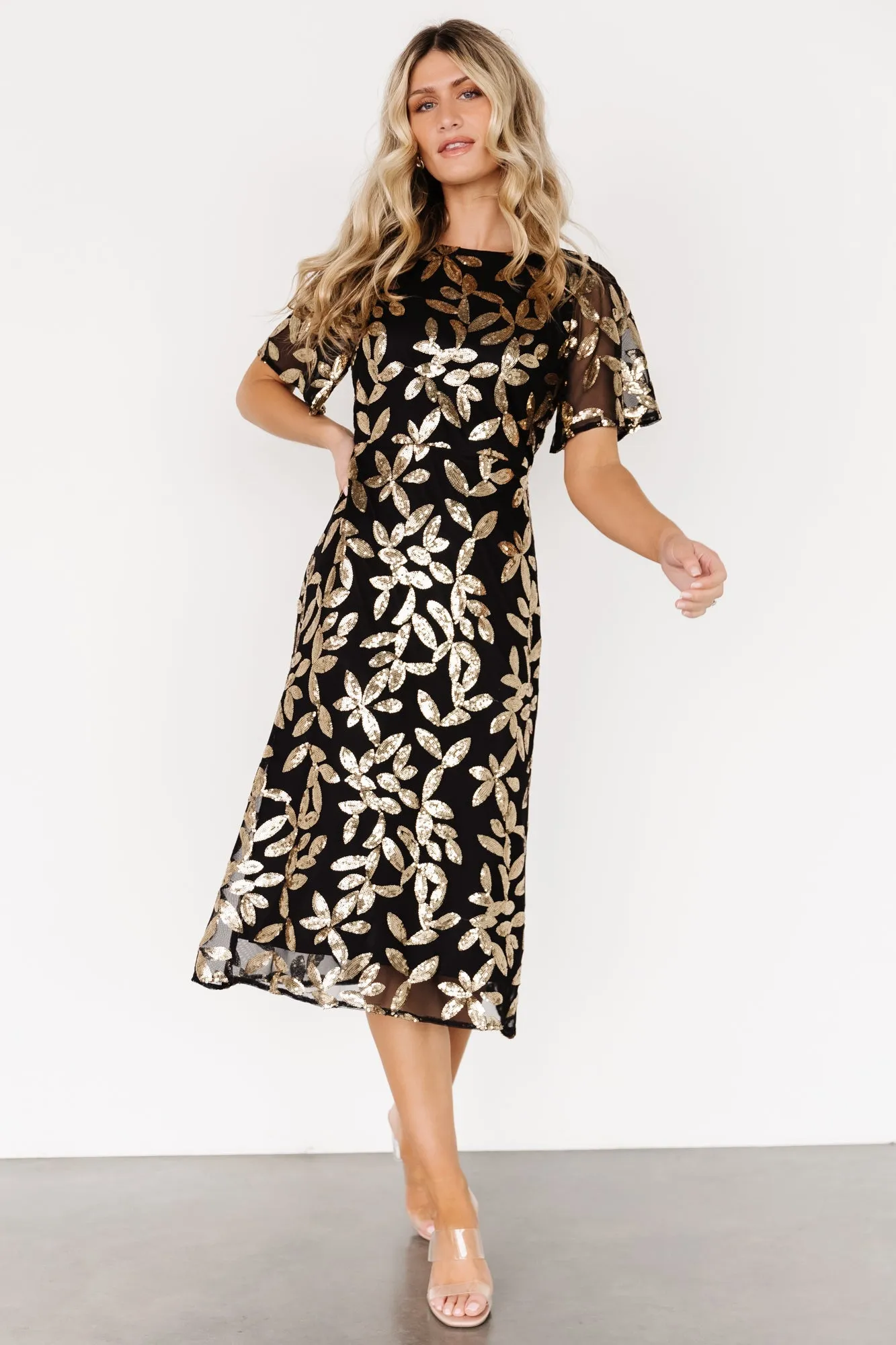 Deanna Sequin Midi Dress | Black + Gold sold by Baltic Born