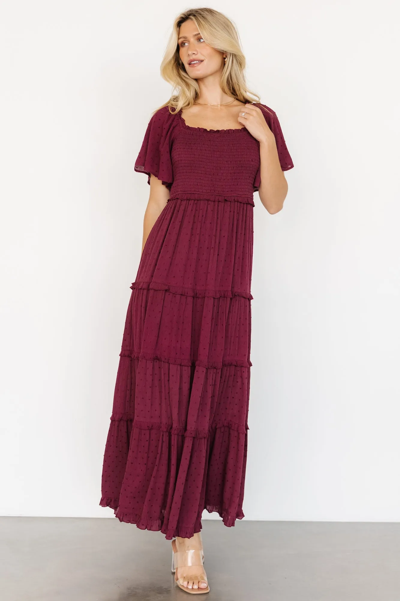 Lenora Smocked Dotted Maxi Dress | Wine sold by Baltic Born