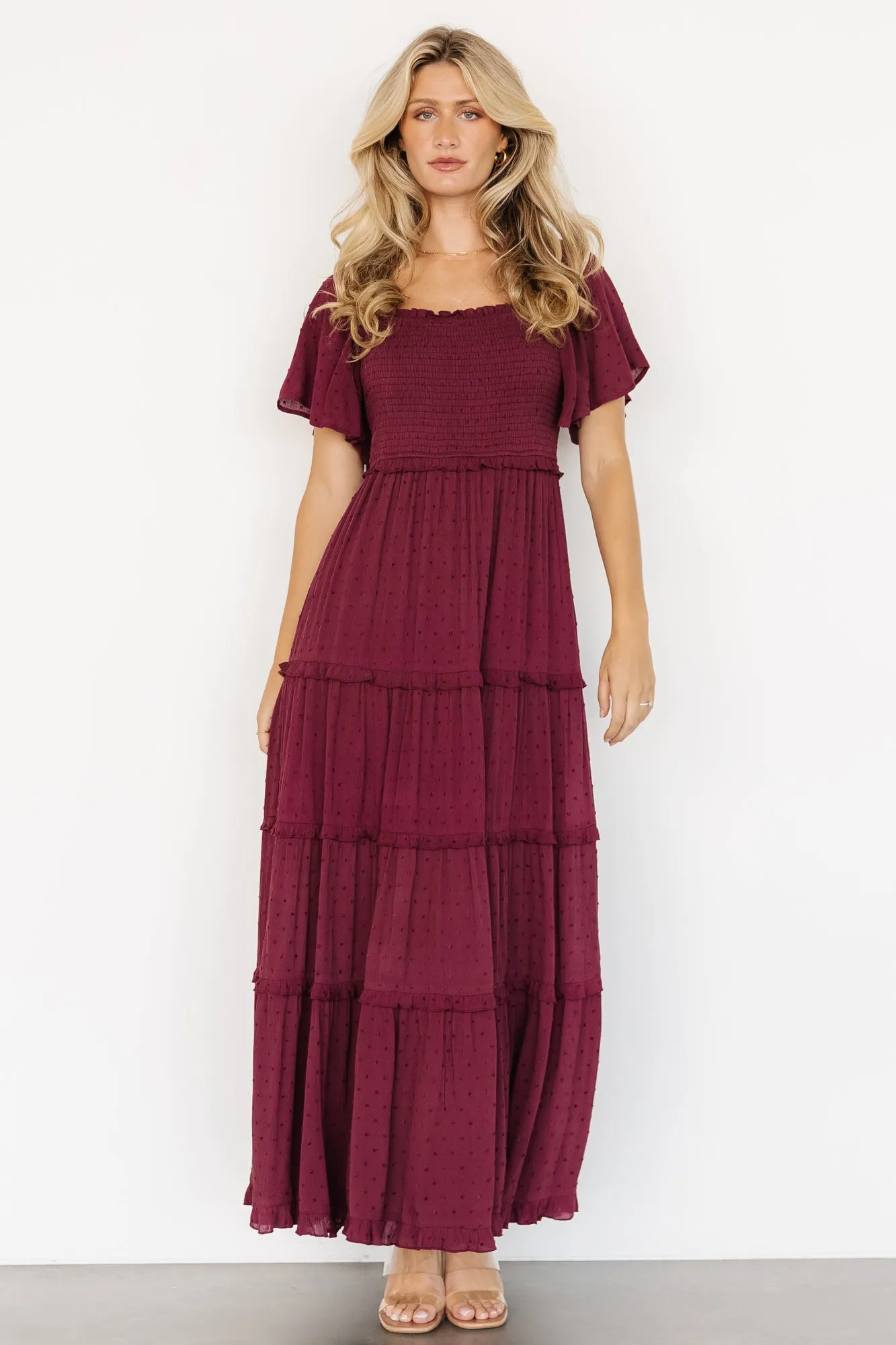 Lenora Smocked Dotted Maxi Dress | Wine sold by Baltic Born product image thumbnail 5