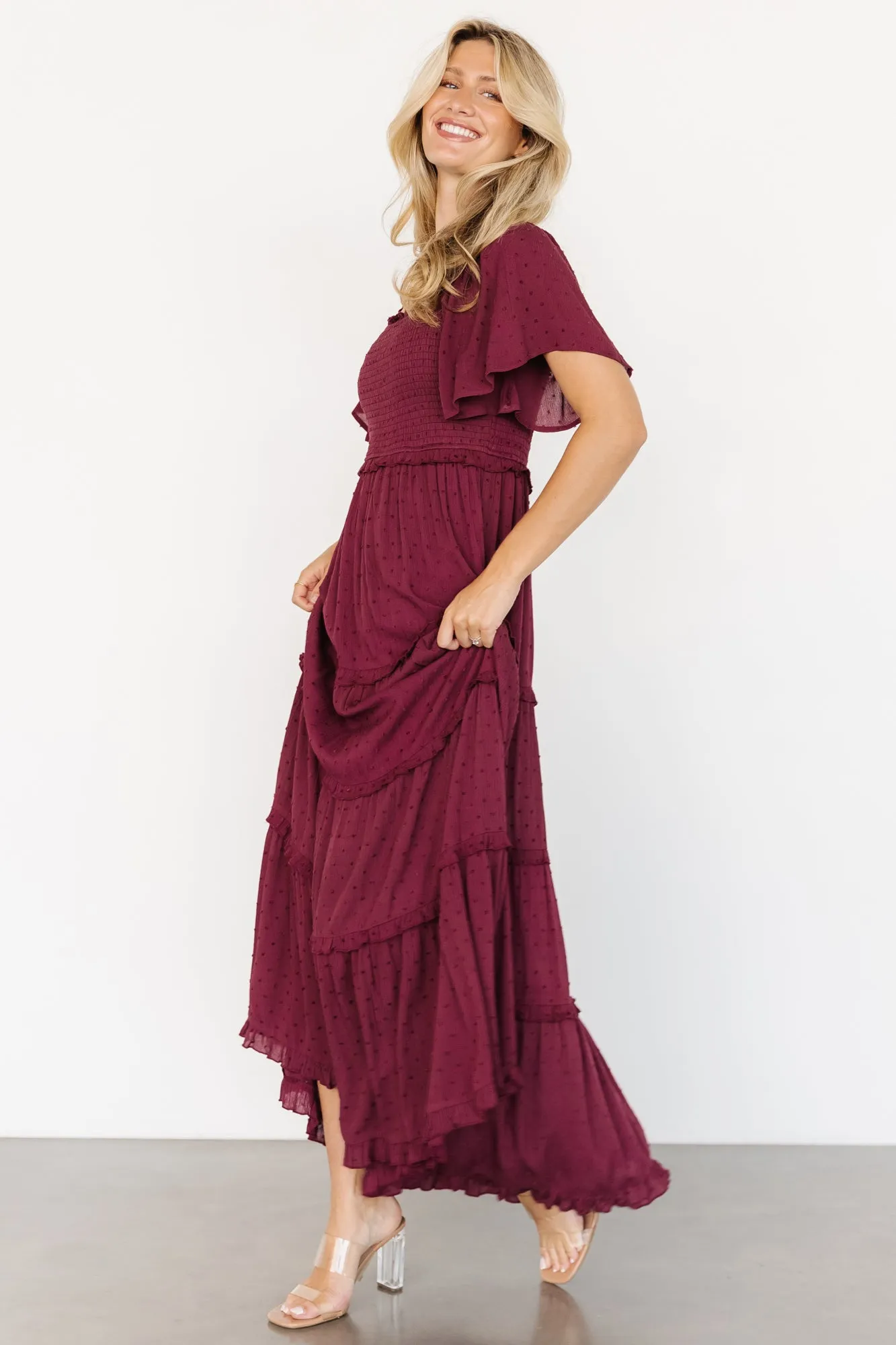 Lenora Smocked Dotted Maxi Dress | Wine sold by Baltic Born product image thumbnail 3