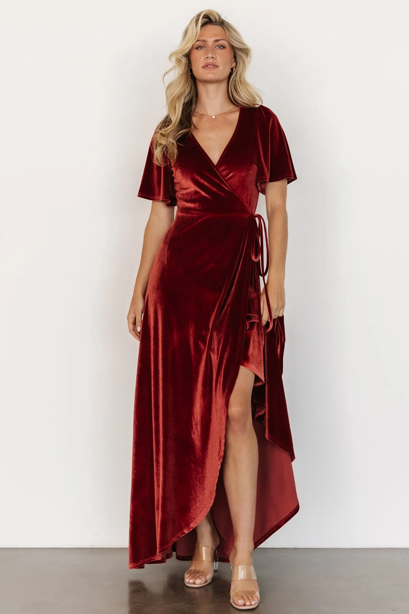 Katelyn Velvet Maxi Wrap Dress | Terracotta sold by Baltic Born