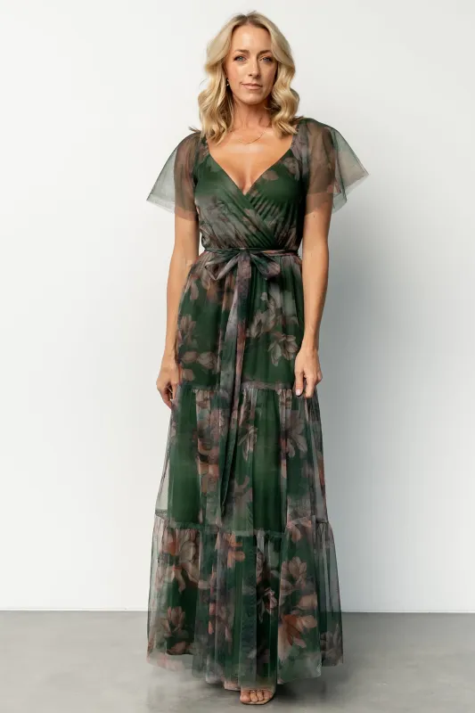 Nicola Tulle Maxi Dress | Deep Green Floral sold by Baltic Born