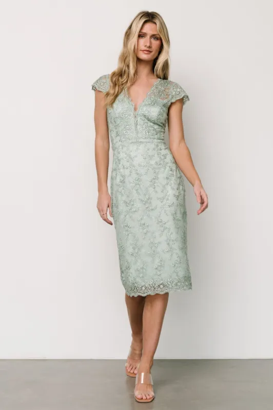 Oriana Embossed Shimmer Midi Dress | Sage sold by Baltic Born