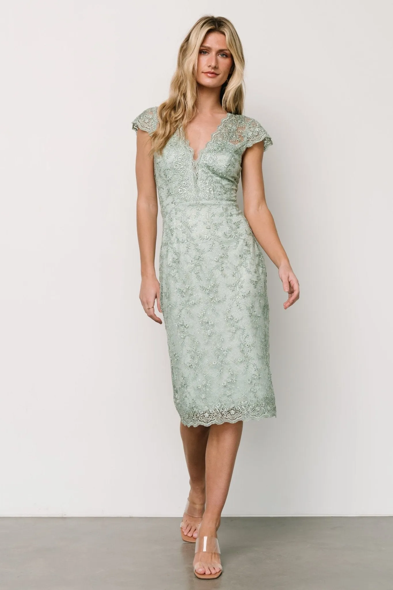 Oriana Embossed Shimmer Midi Dress | Sage sold by Baltic Born