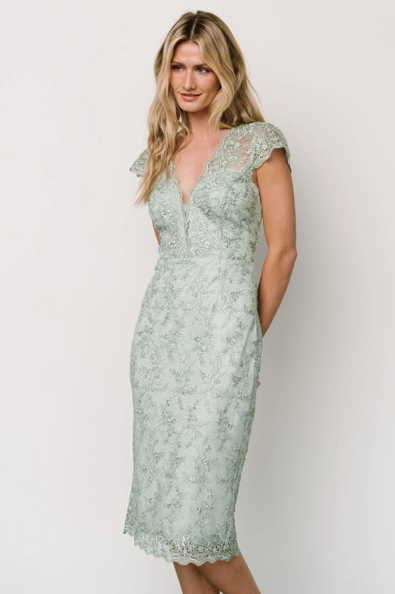 Oriana Embossed Shimmer Midi Dress | Sage sold by Baltic Born product image thumbnail 2