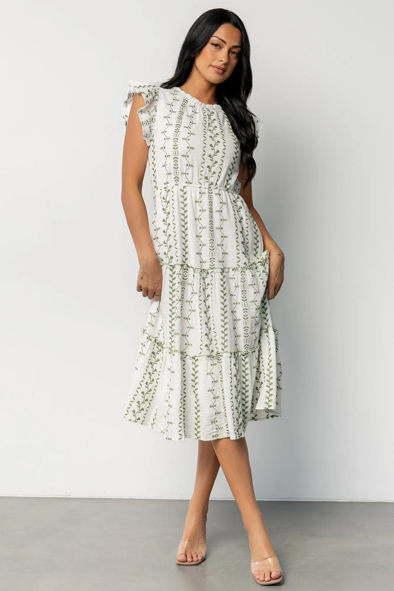 Frida Embroidered Midi Dress | White + Green Print sold by Baltic Born product image thumbnail 5