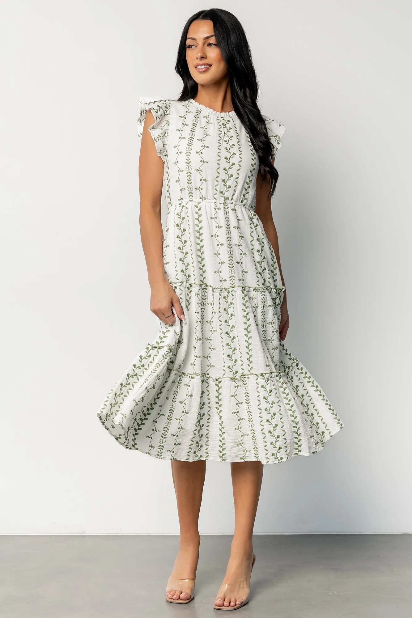 Frida Embroidered Midi Dress | White + Green Print sold by Baltic Born