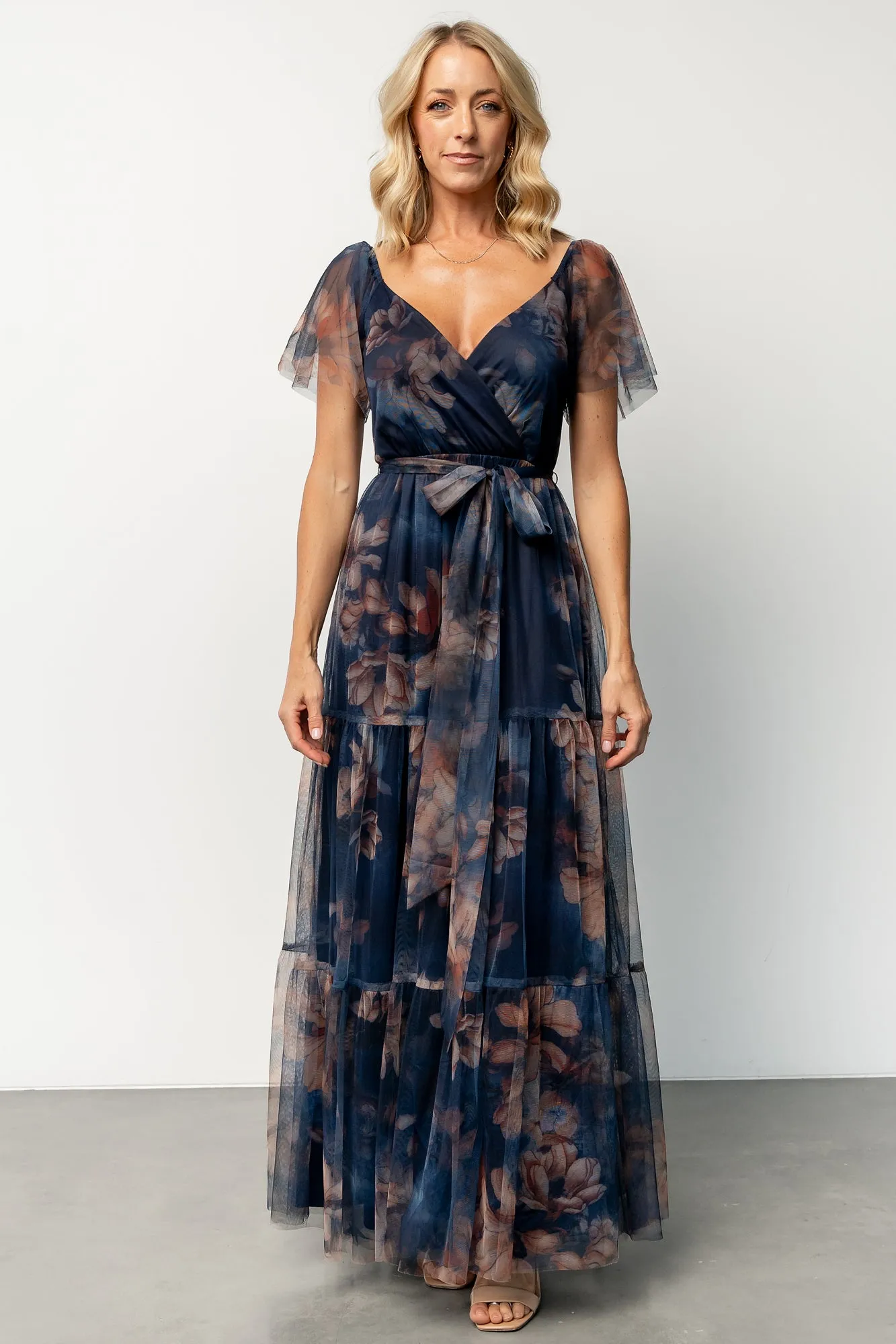 Nicola Tulle Maxi Dress | Dark Blue Floral sold by Baltic Born