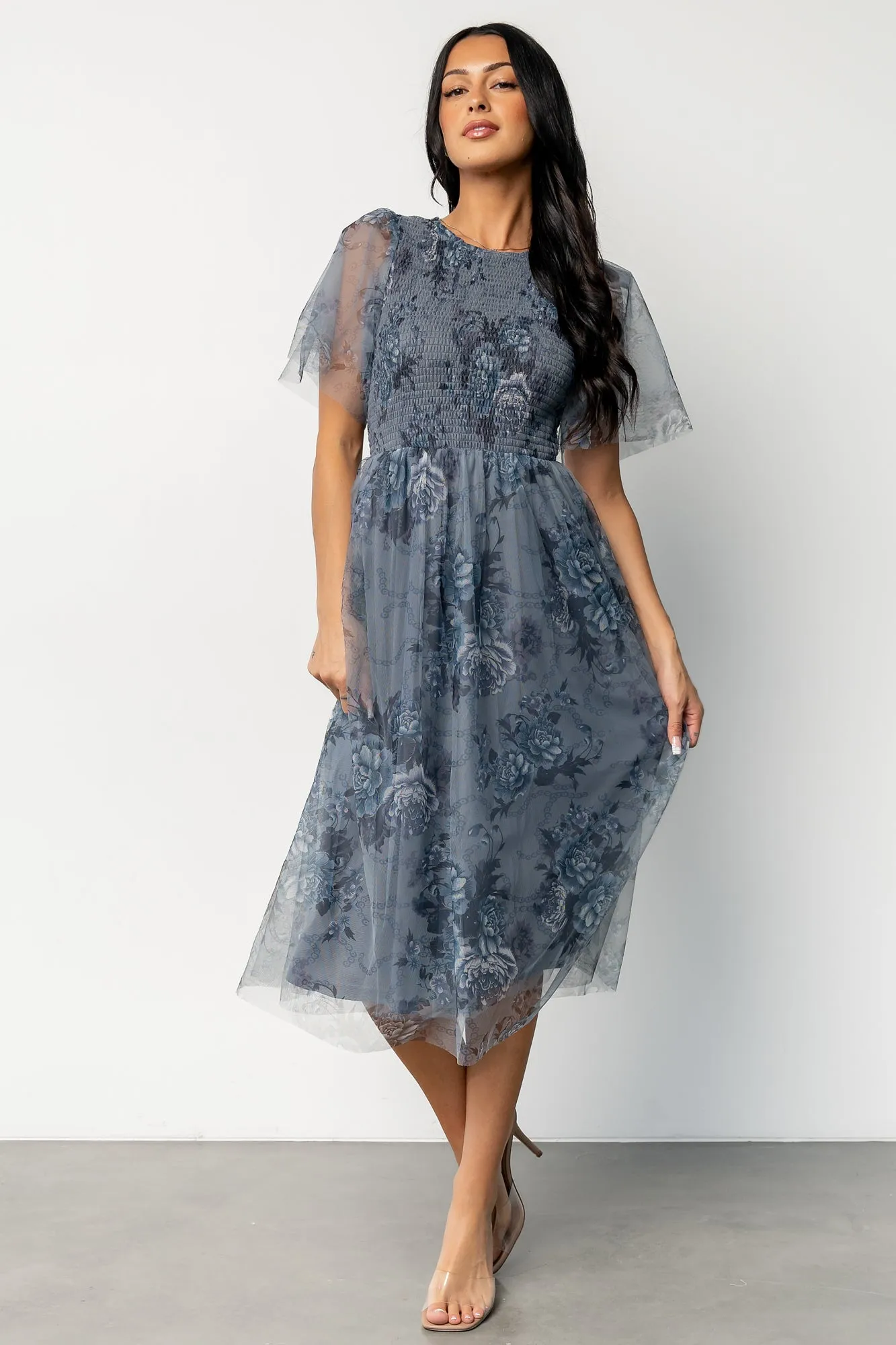 Josie Tulle Midi Dress | Dusty Blue Floral sold by Baltic Born