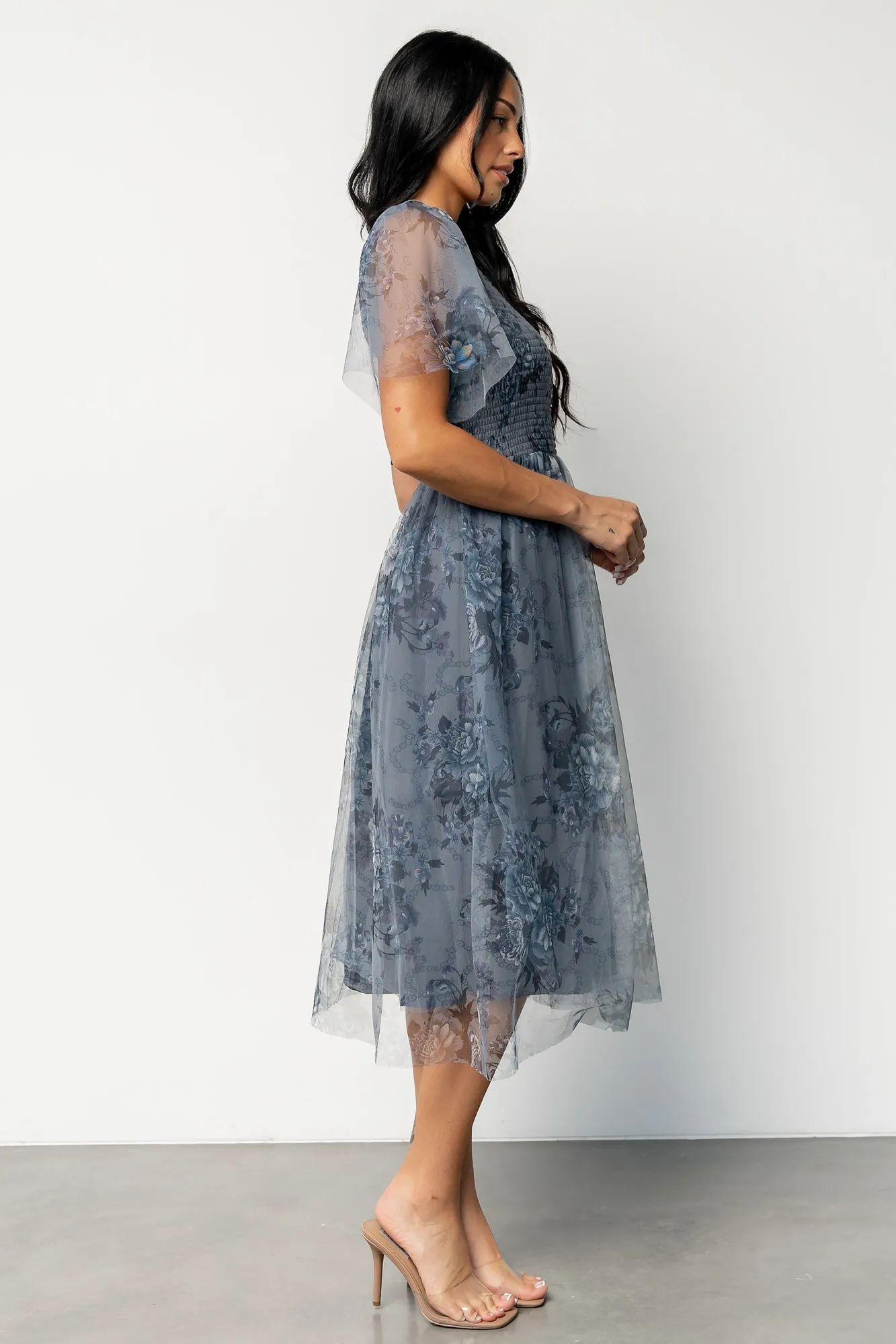 Josie Tulle Midi Dress | Dusty Blue Floral sold by Baltic Born product image thumbnail 3