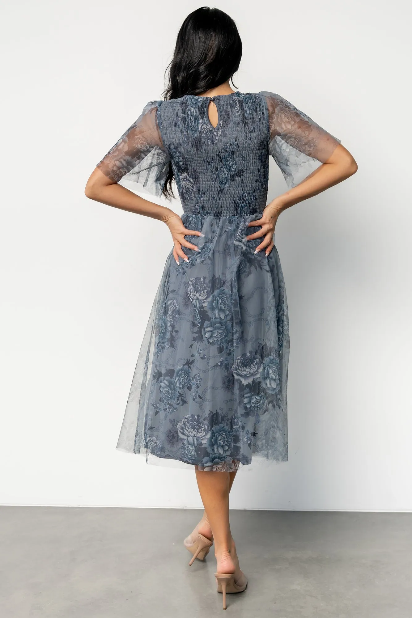 Josie Tulle Midi Dress | Dusty Blue Floral sold by Baltic Born product image thumbnail 4