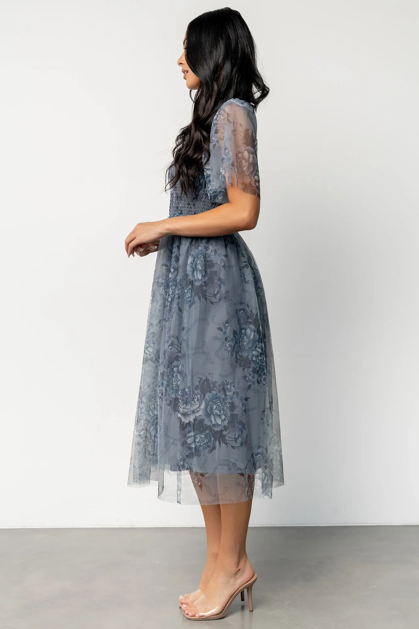 Josie Tulle Midi Dress | Dusty Blue Floral sold by Baltic Born product image thumbnail 5