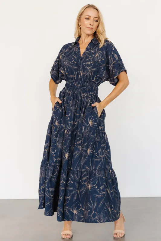 Hedda Tiered Maxi Dress | Deep Blue + Natural Floral sold by Baltic Born