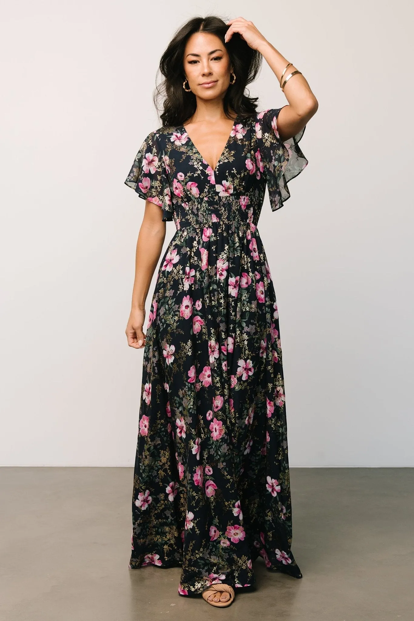 Lynlee Metallic Maxi Dress | Dark Blue + Pink sold by Baltic Born