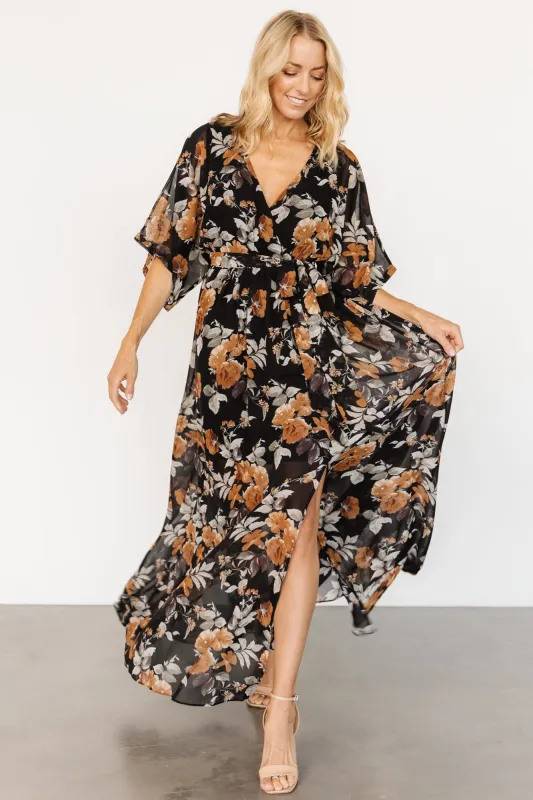 Kia Kimono Maxi Dress | Black + Copper Floral sold by Baltic Born