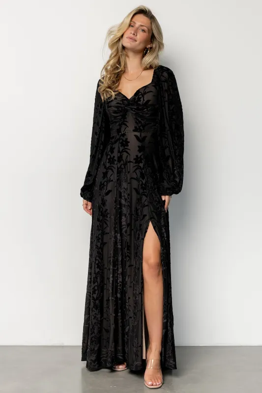 Aurora Velvet Maxi Dress | Black Floral sold by Baltic Born