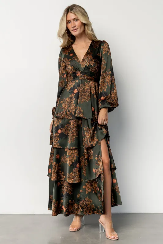 Montrouge Tiered Satin Dress | Olive Floral sold by Baltic Born