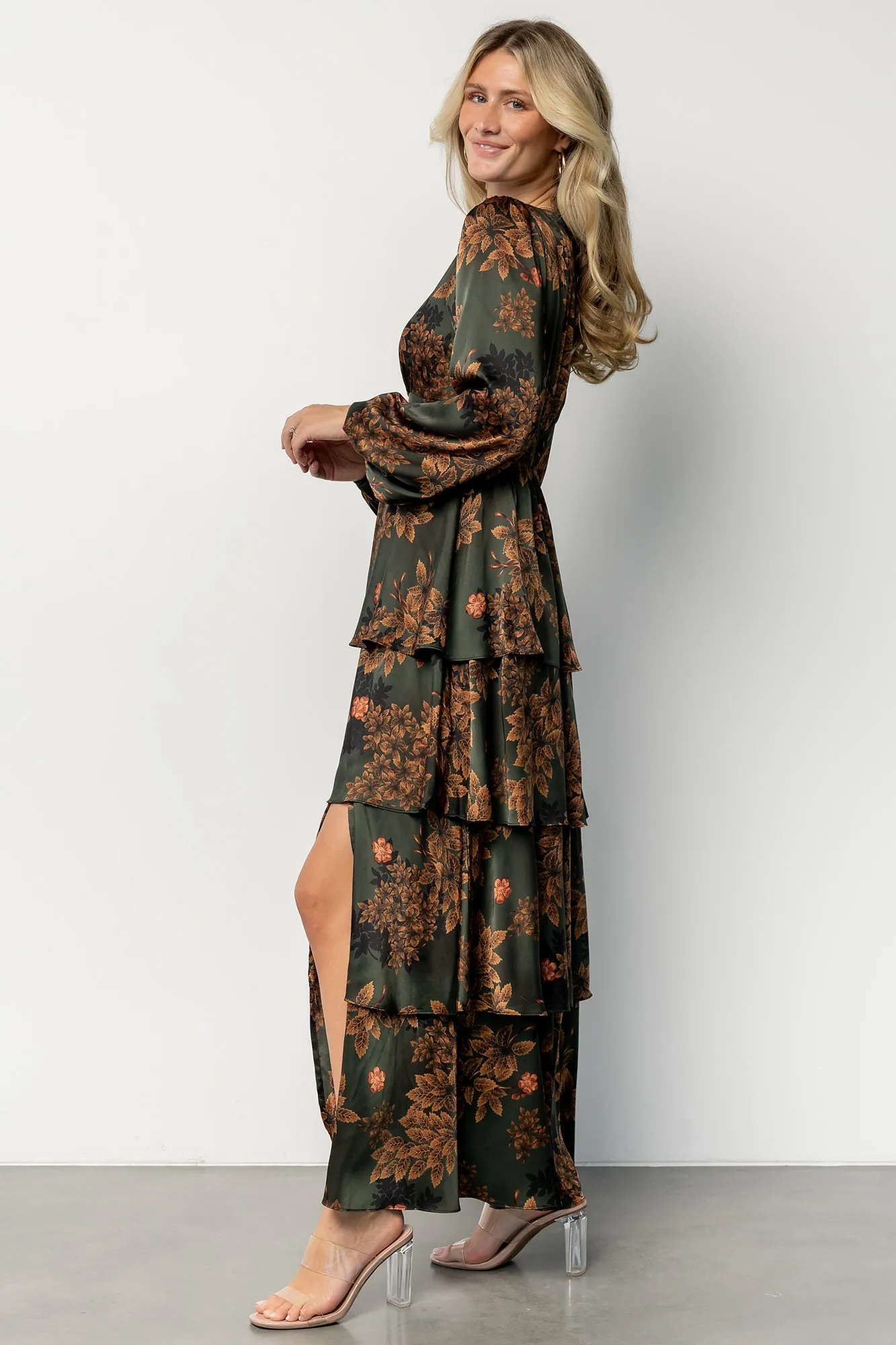 Montrouge Tiered Satin Dress | Olive Floral sold by Baltic Born product image thumbnail 3