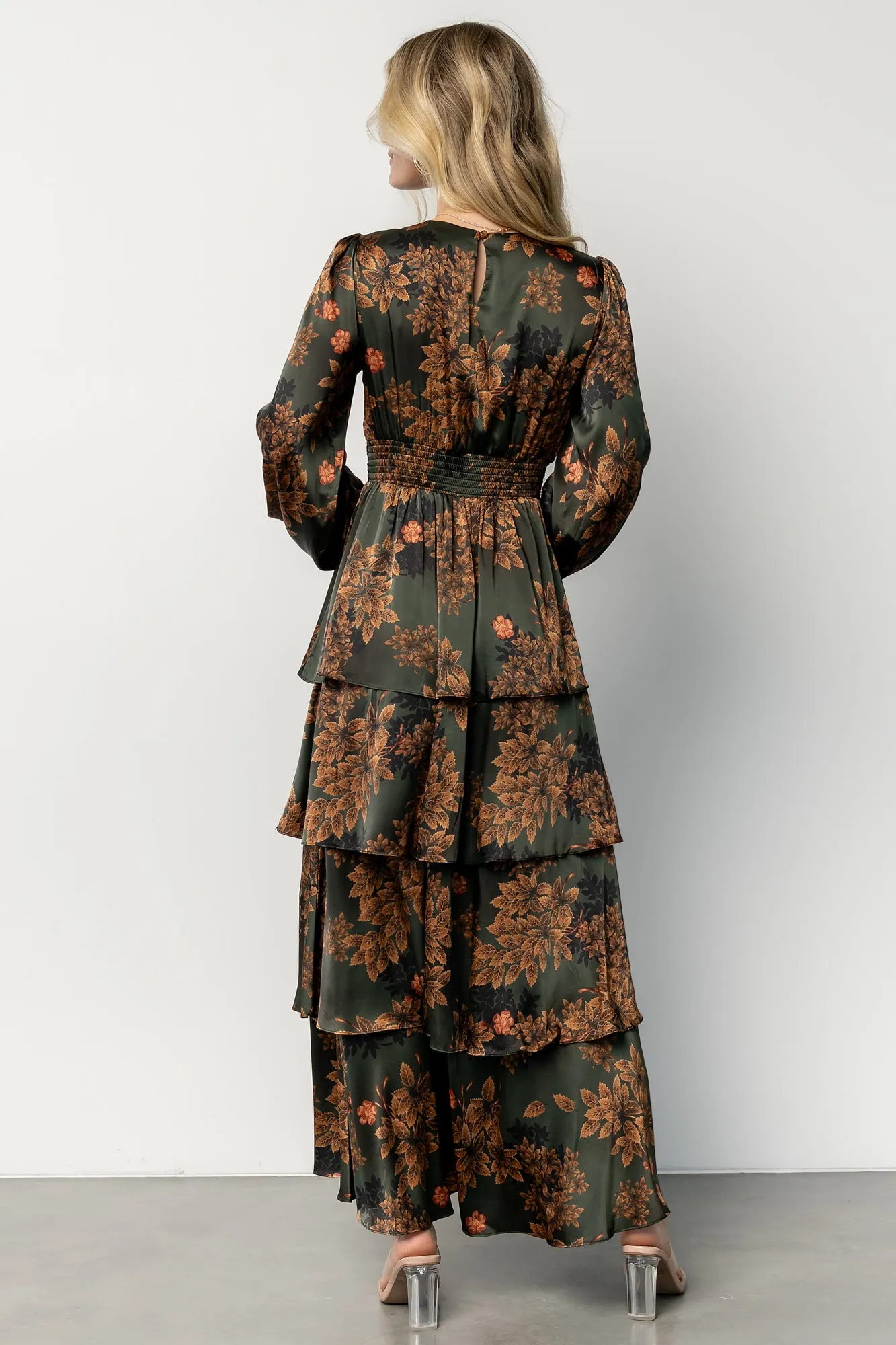Montrouge Tiered Satin Dress | Olive Floral sold by Baltic Born product image thumbnail 4
