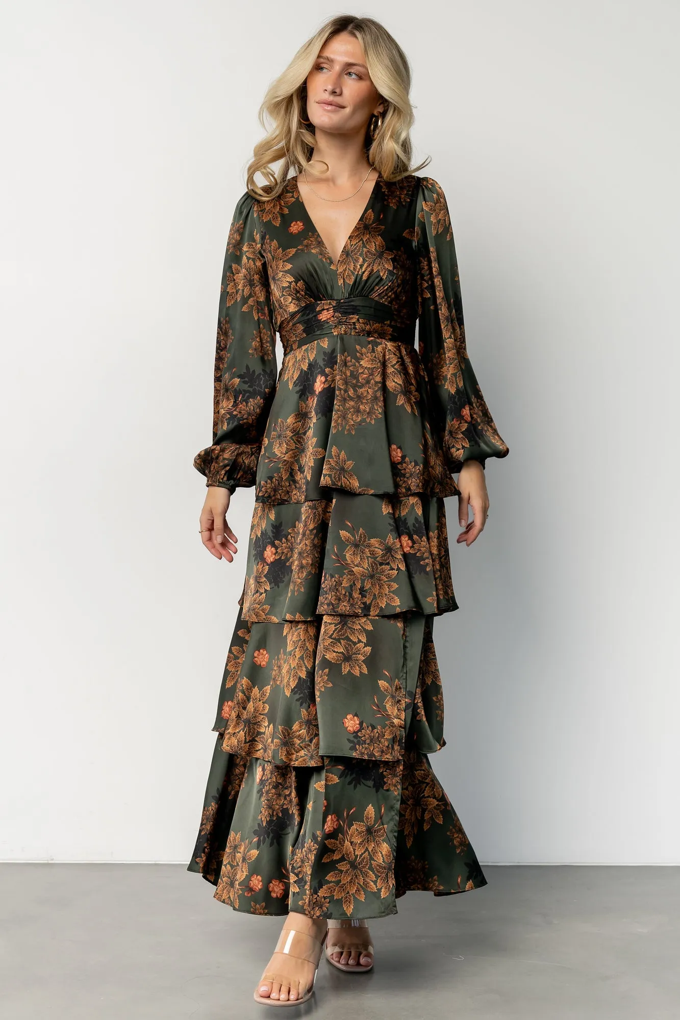 Montrouge Tiered Satin Dress | Olive Floral sold by Baltic Born product image thumbnail 5