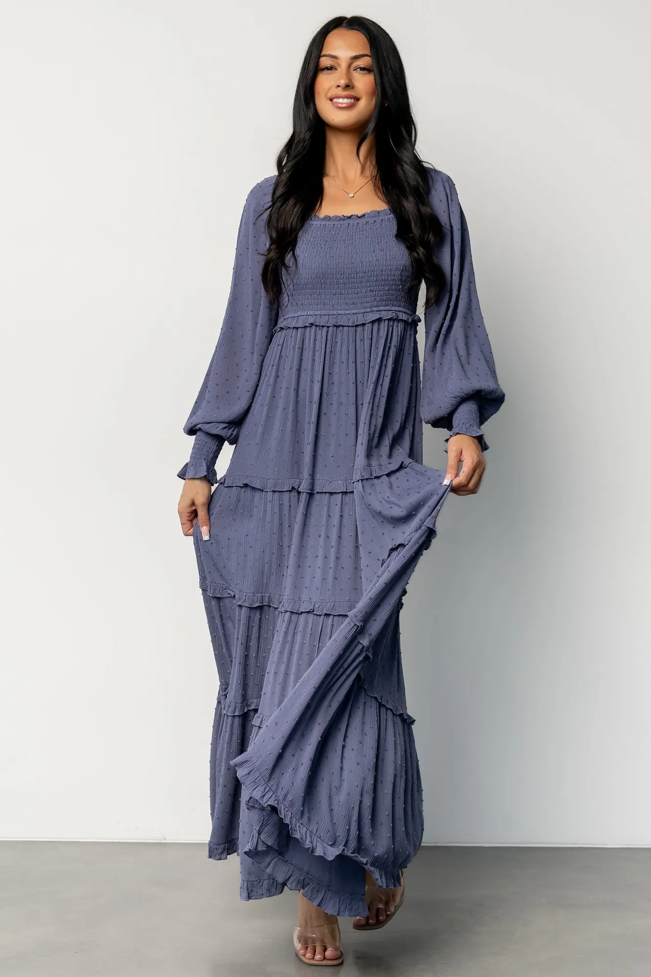 Amanda Smocked Dotted Maxi Dress | Dusk Blue sold by Baltic Born
