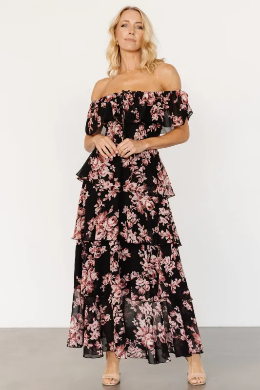 Carina Off Shoulder Maxi Dress | Black + Mauve Floral sold by Baltic Born
