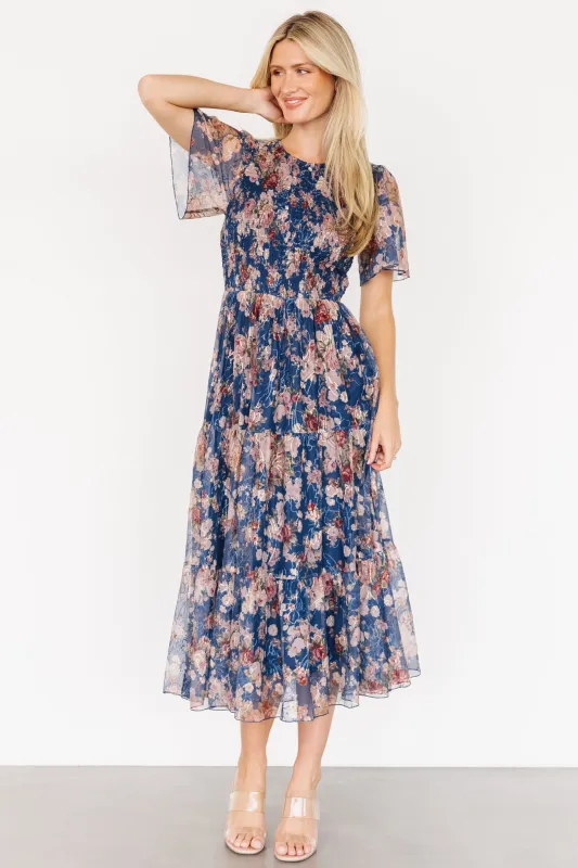 Mara Embroidered Tulle Dress | Dark Blue Multi Floral sold by Baltic Born