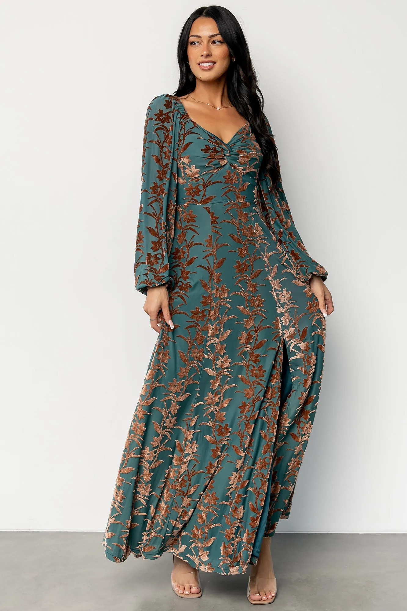 Aurora Velvet Maxi Dress | Jade + Bronze Floral sold by Baltic Born