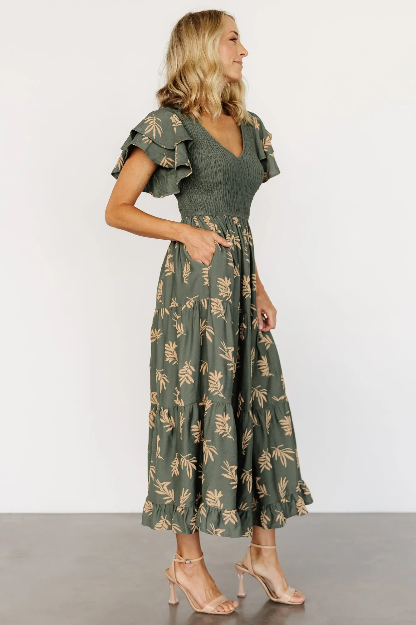Estelle Smocked Midi Dress | Green + Tan Print sold by Baltic Born product image thumbnail 3