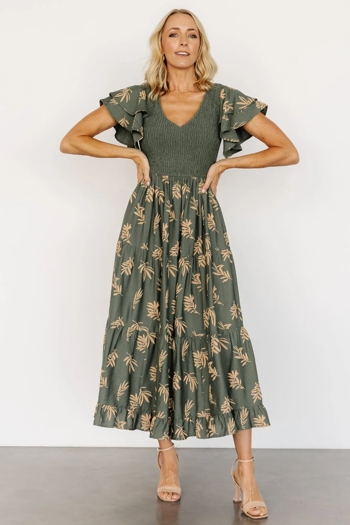 Estelle Smocked Midi Dress | Green + Tan Print sold by Baltic Born product image thumbnail 5