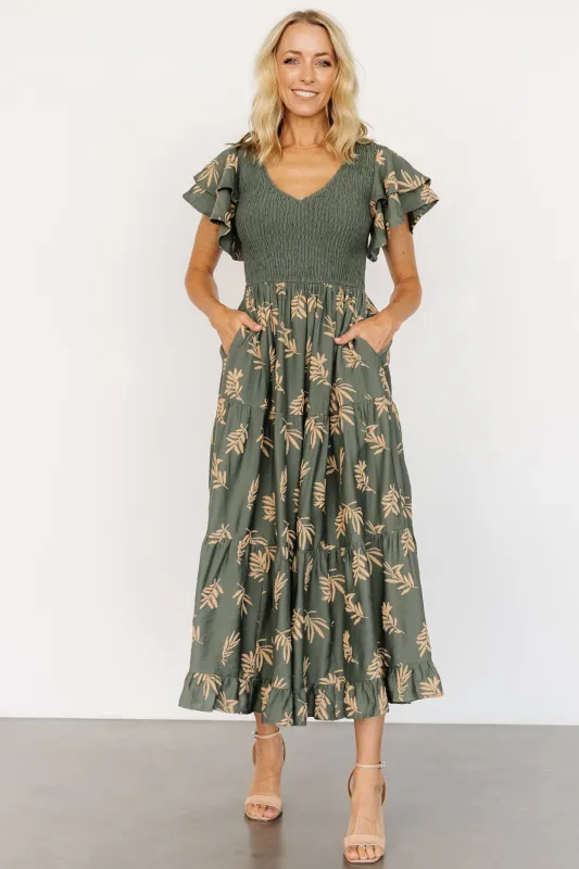 Estelle Smocked Midi Dress | Green + Tan Print made by Polagram