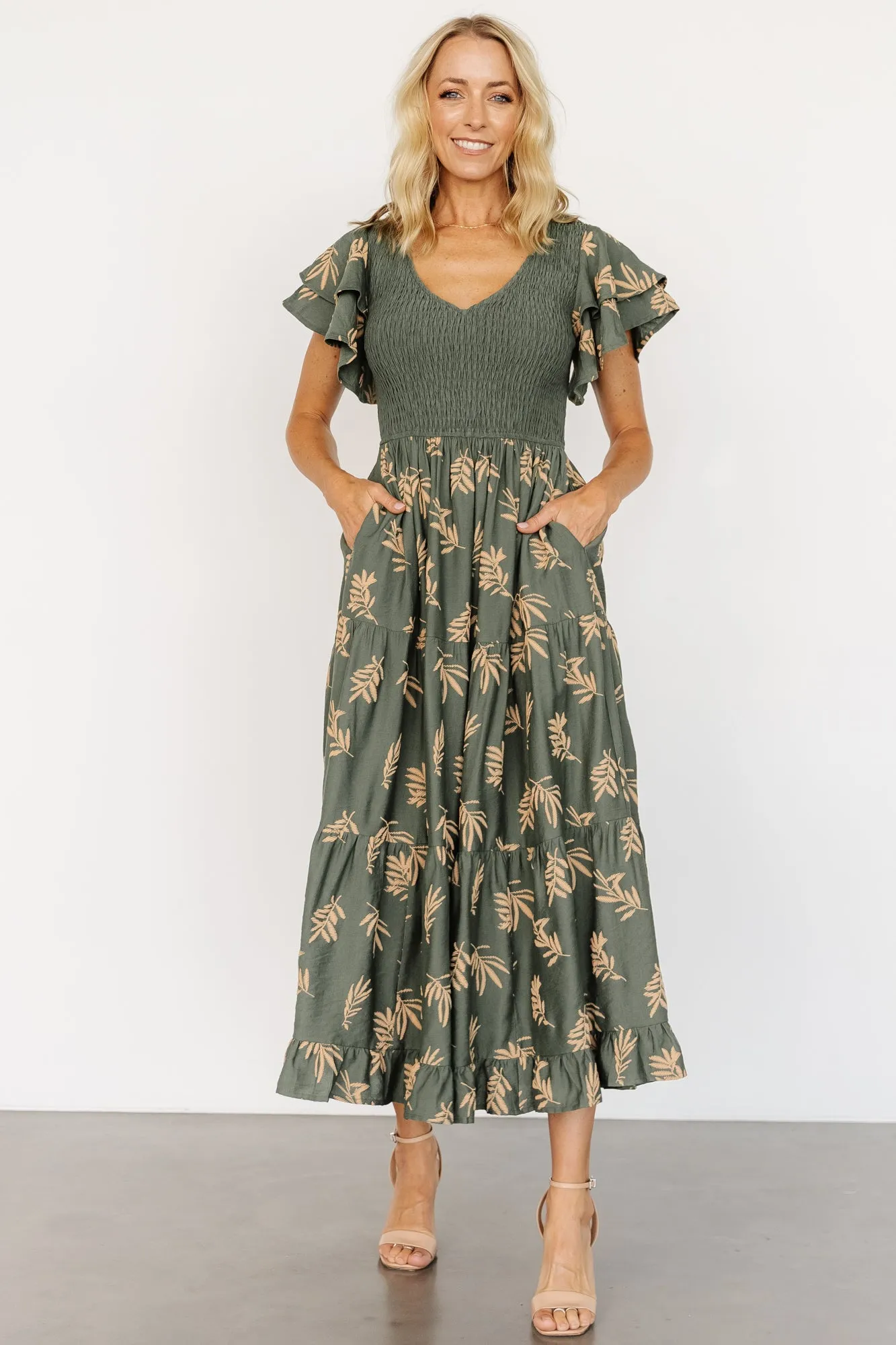 Estelle Smocked Midi Dress | Green + Tan Print sold by Baltic Born