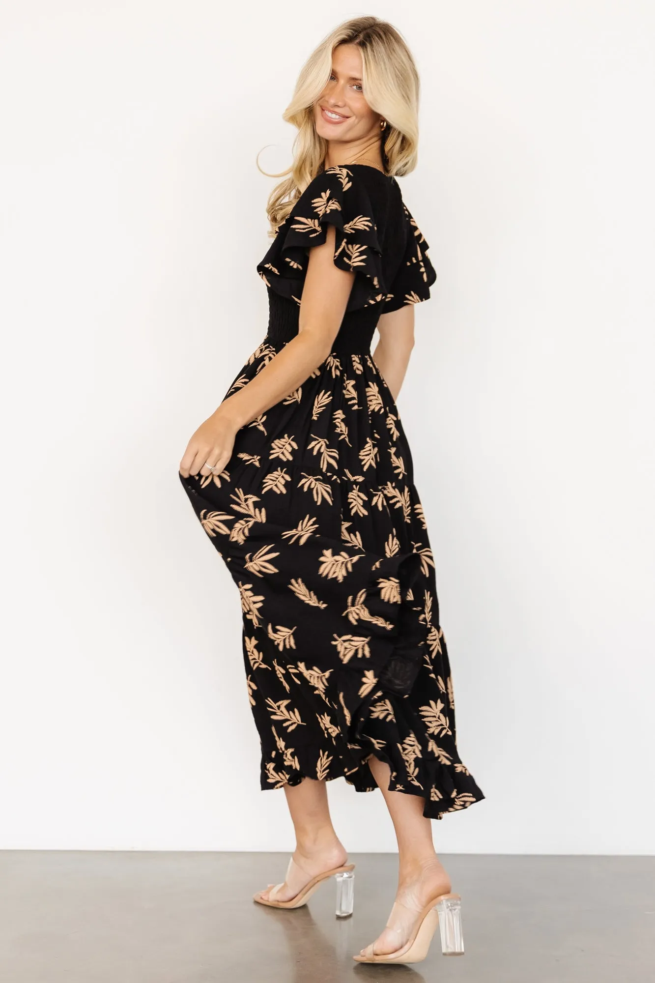 Estelle Smocked Midi Dress | Black + Tan Print sold by Baltic Born product image thumbnail 3