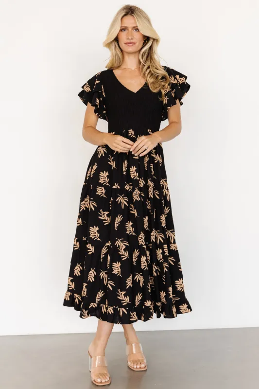 Estelle Smocked Midi Dress | Black + Tan Print sold by Baltic Born
