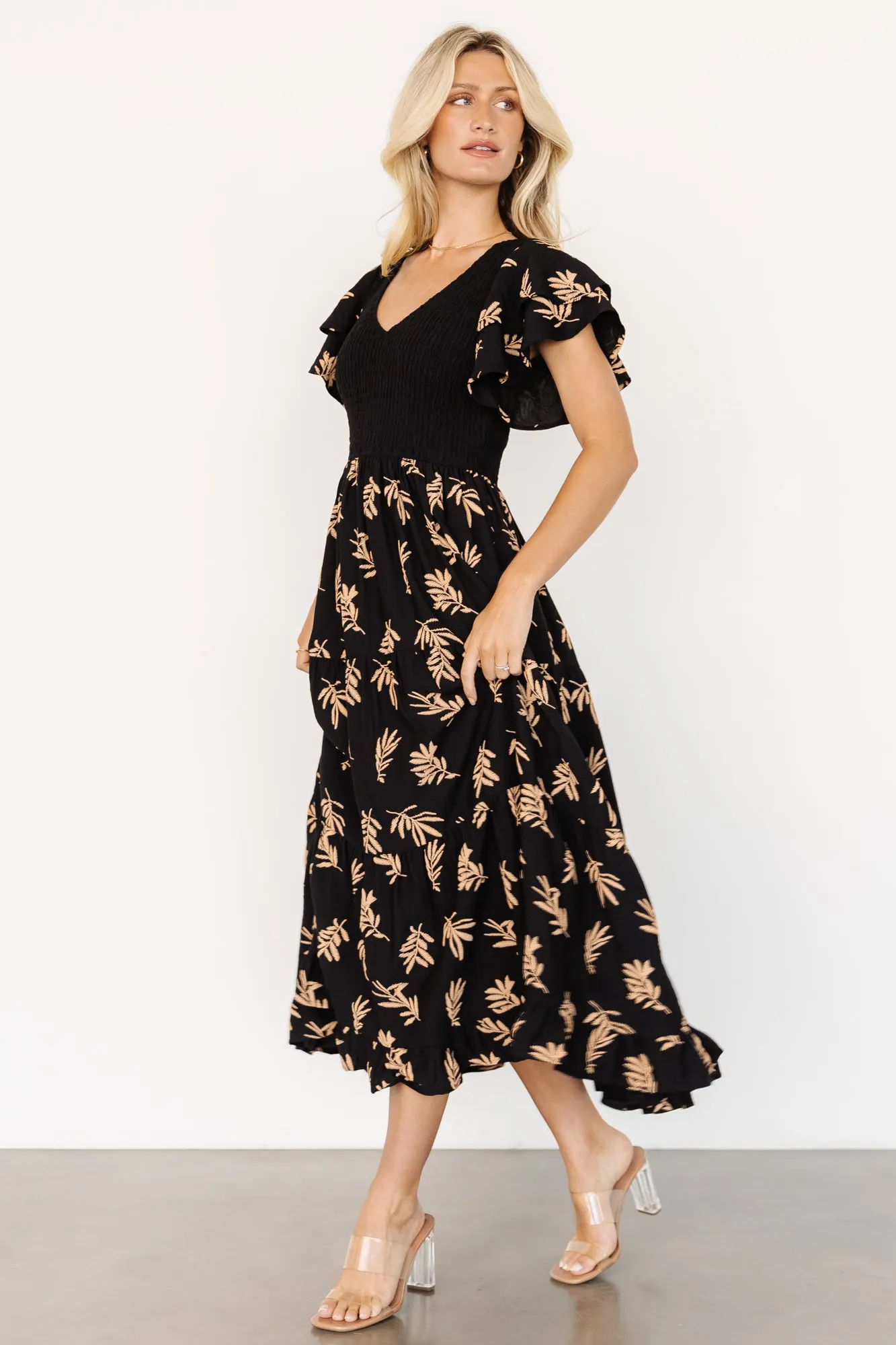 Estelle Smocked Midi Dress | Black + Tan Print sold by Baltic Born product image thumbnail 5