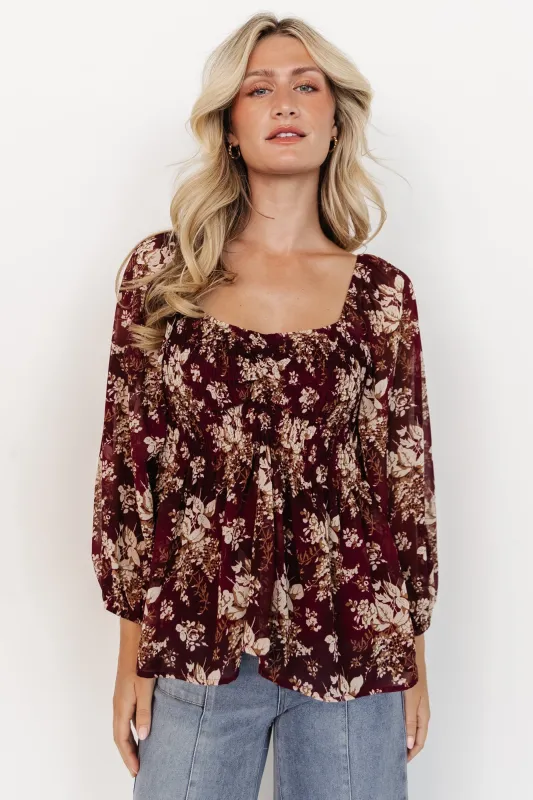 Fenna Smocked Top | Burgundy Floral sold by Baltic Born