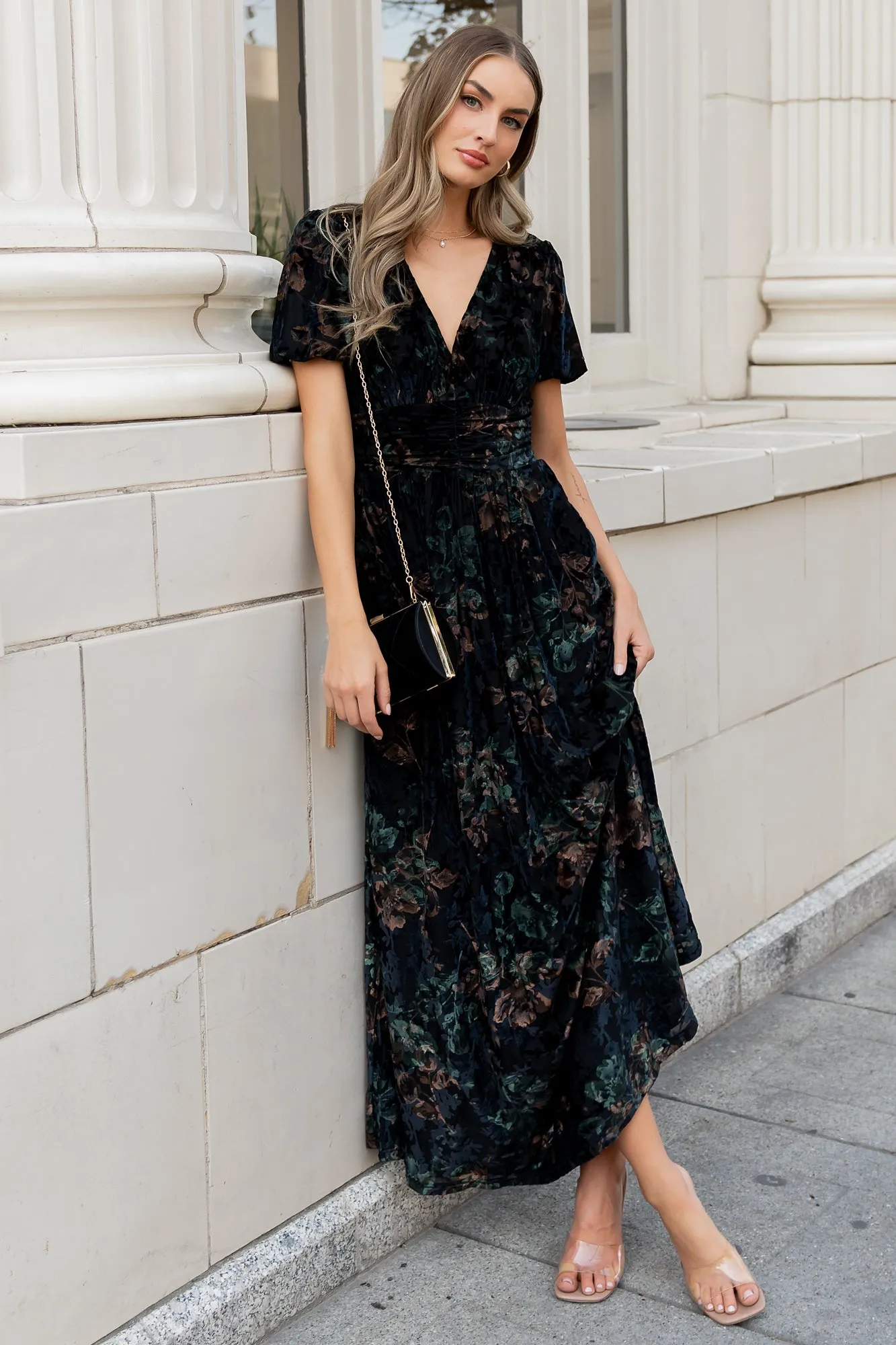 Leslie Velvet Maxi Dress | Black + Deep Jade Floral sold by Baltic Born