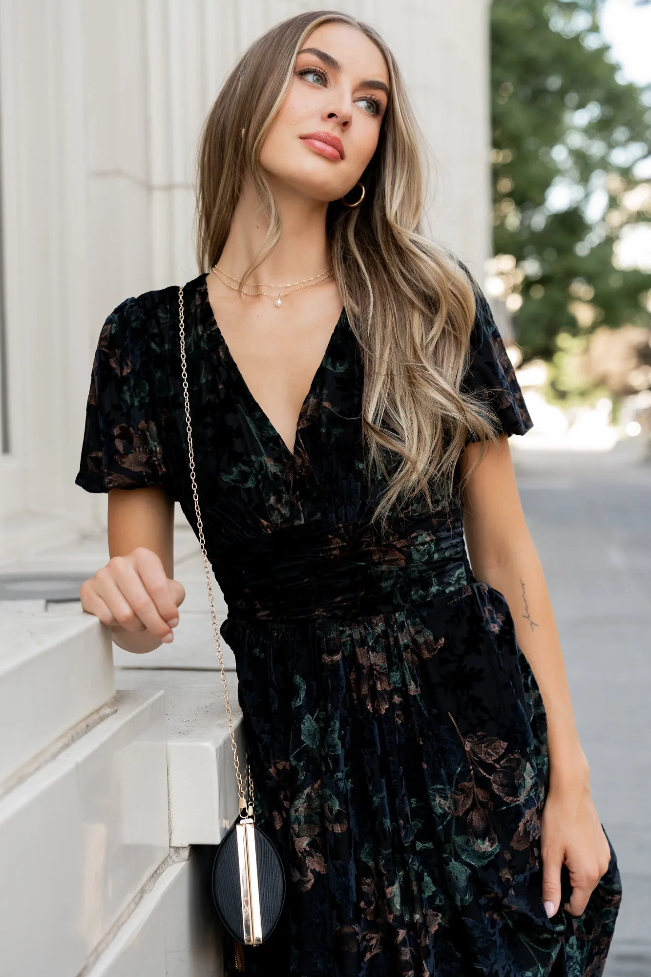 Leslie Velvet Maxi Dress | Black + Deep Jade Floral sold by Baltic Born product image thumbnail 4