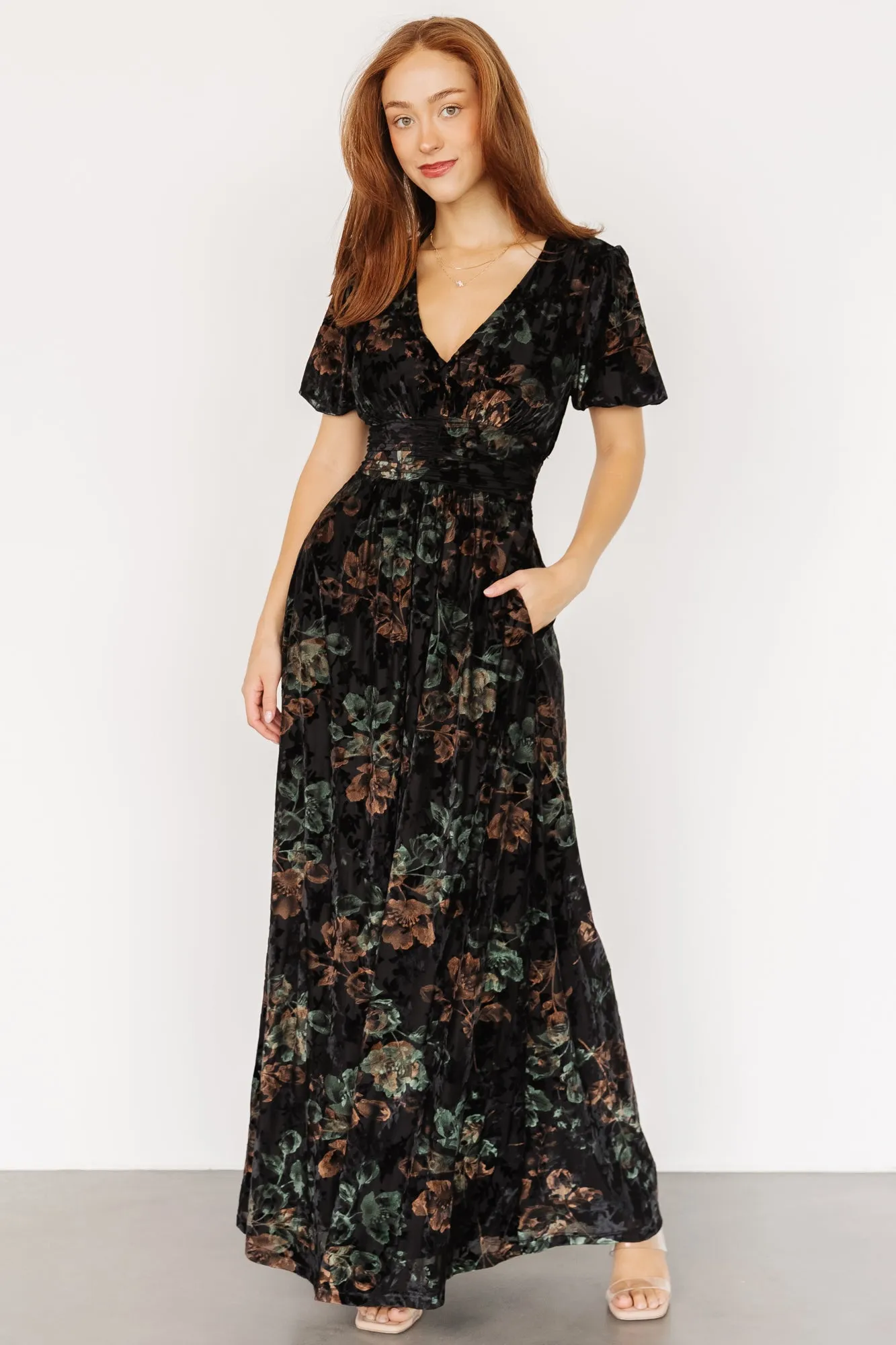 Leslie Velvet Maxi Dress | Black + Deep Jade Floral sold by Baltic Born product image thumbnail 2