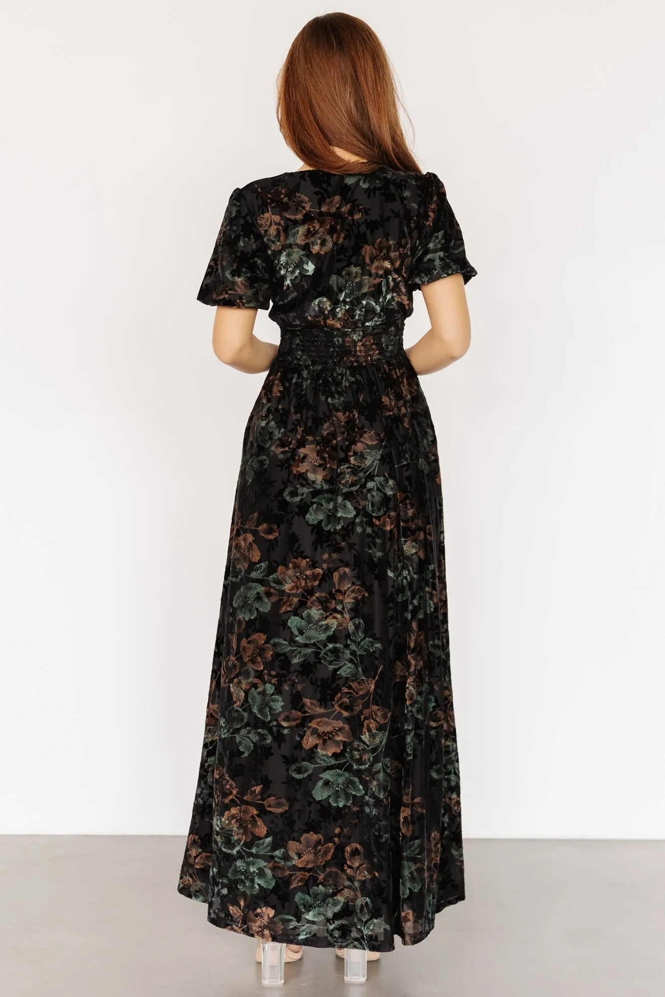Leslie Velvet Maxi Dress | Black + Deep Jade Floral sold by Baltic Born product image thumbnail 5