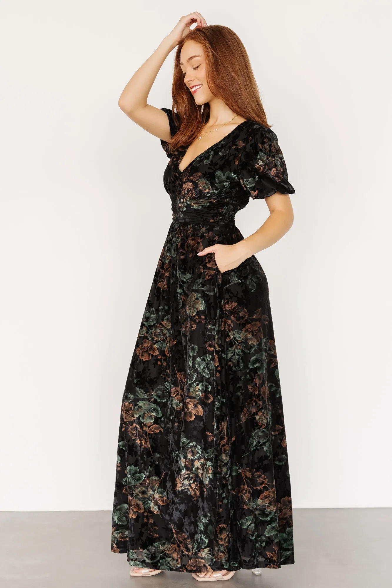 Leslie Velvet Maxi Dress | Black + Deep Jade Floral sold by Baltic Born product image thumbnail 3