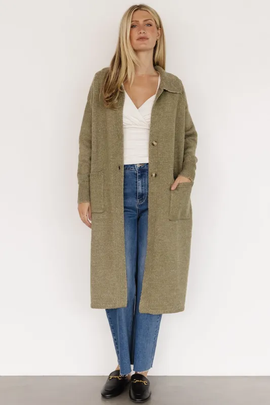 Ontario Long Button Cardigan | Olive sold by Baltic Born