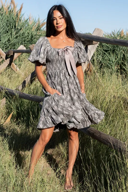 Anastasia Bow Short Dress | Dusty Olive Print sold by Baltic Born